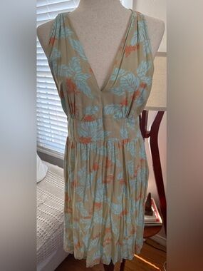 Sleeveless V-Neck Midi Dress in Sage with Blue & Coral Print